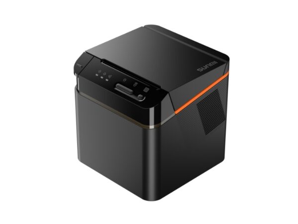 SUNMI Bondrucker in Schwarz mit Touch-Bedienfeld, kompaktem Design und oranger Akzentlinie – ideal für moderne Kassensysteme