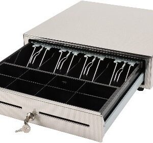 L-Lade Kassenschublade aus Edelstahl mit 8 Münzfächern, 4 Notenfächern, 2 Separierschlitzen, Metallführung, Mikroschalter und Schloss – robuste Geldlade für Kassensysteme