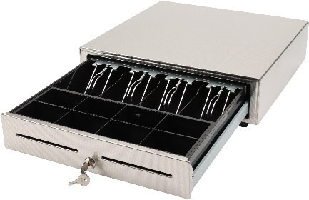 L-Lade Kassenschublade aus Edelstahl mit 8 Münzfächern, 4 Notenfächern, 2 Separierschlitzen, Metallführung, Mikroschalter und Schloss – robuste Geldlade für Kassensysteme