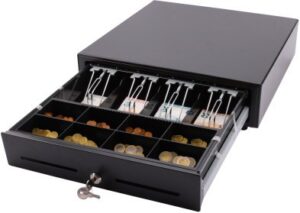 L-Lade Kassenschublade Push-Open mit 8 Münzfächern, 4 Notenfächern, 2 Separierschlitzen, Metallführung, Mikroschalter und Schloss – Geldlade mit Drucköffnung
