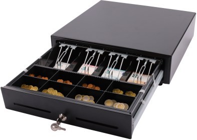 L-Lade Kassenschublade mit 8 Münzfächern, 4 Notenfächern, 2 Separierschlitzen, Metallführung, Mikroschalter und Schloss – große Geldlade für Kassensysteme