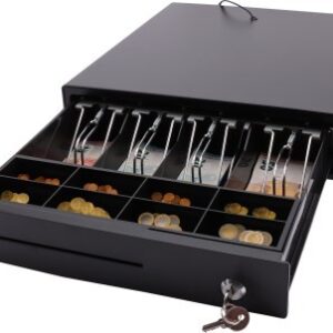 M-Lade Kassenschublade mit 8 Münzfächern, 4 Notenfächern, Separierschlitz, Mikroschalter und 12V Anschluss – robuste Geldlade für Kassensysteme