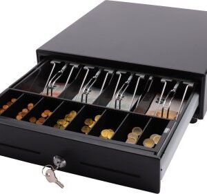 S-Lade Kassenschublade mit 8 Münzfächern, 4 Notenfächern, 2 Separierschlitzen, Metallführung, Mikroschalter und Schloss – robuste Geldlade für Kassensysteme