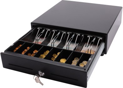 S-Lade Kassenschublade mit 8 Münzfächern, 4 Notenfächern, 2 Separierschlitzen, Metallführung, Mikroschalter und Schloss – robuste Geldlade für Kassensysteme