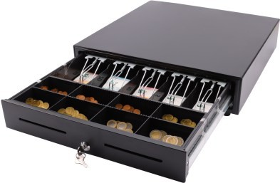 XL-Lade Kassenschublade mit 8 Münzfächern, 5 Notenfächern, 2 Separierschlitzen, Metallführung, Mikroschalter und Schloss – robuste Geldlade für Handel & Gastronomie