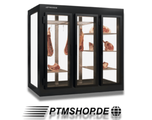Professioneller Dry Ager mit drei Glastüren und Edelstahl-Innenausstattung, präsentiert mit gereiftem Fleisch – erhältlich bei PTMshop.de.