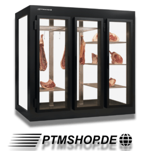 Professioneller Dry Ager mit drei Glastüren und Edelstahl-Innenausstattung, präsentiert mit gereiftem Fleisch – erhältlich bei PTMshop.de.