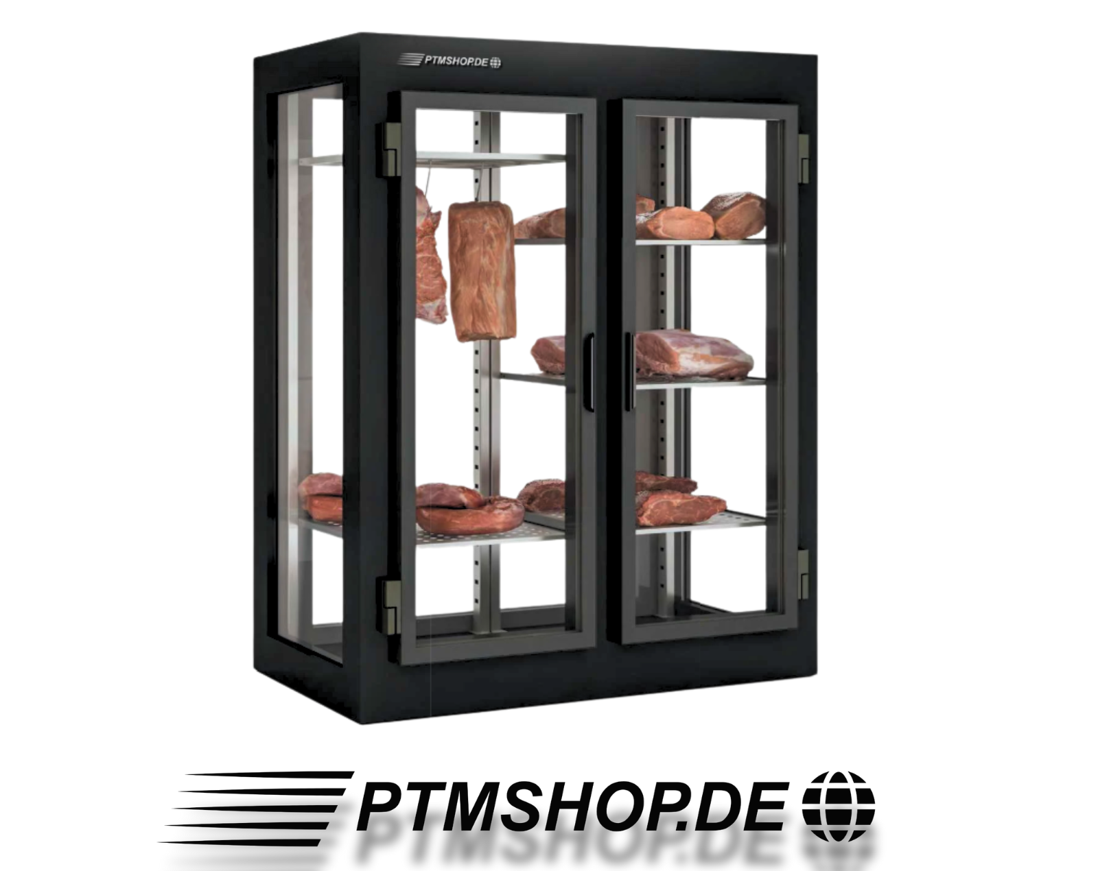 Kompakter Dry Ager Reifeschrank mit zwei Glastüren, Edelstahlregalen und Fleischstücken zur Reifung – Modell verfügbar bei PTMshop.de.