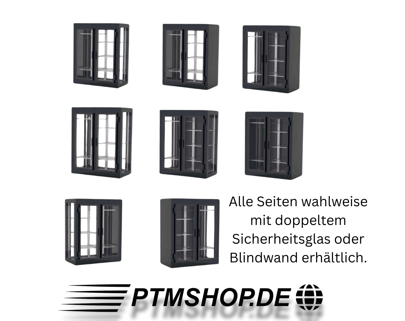 Übersicht verschiedener Dry Ager Modelle – alle Seiten wahlweise mit doppeltem Sicherheitsglas oder Blindwand erhältlich – PTMshop.de.