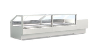 Fleischvitrine Stretta Corner 220+220x120x120 mit Flachglas in einem Gastronomiebetrieb