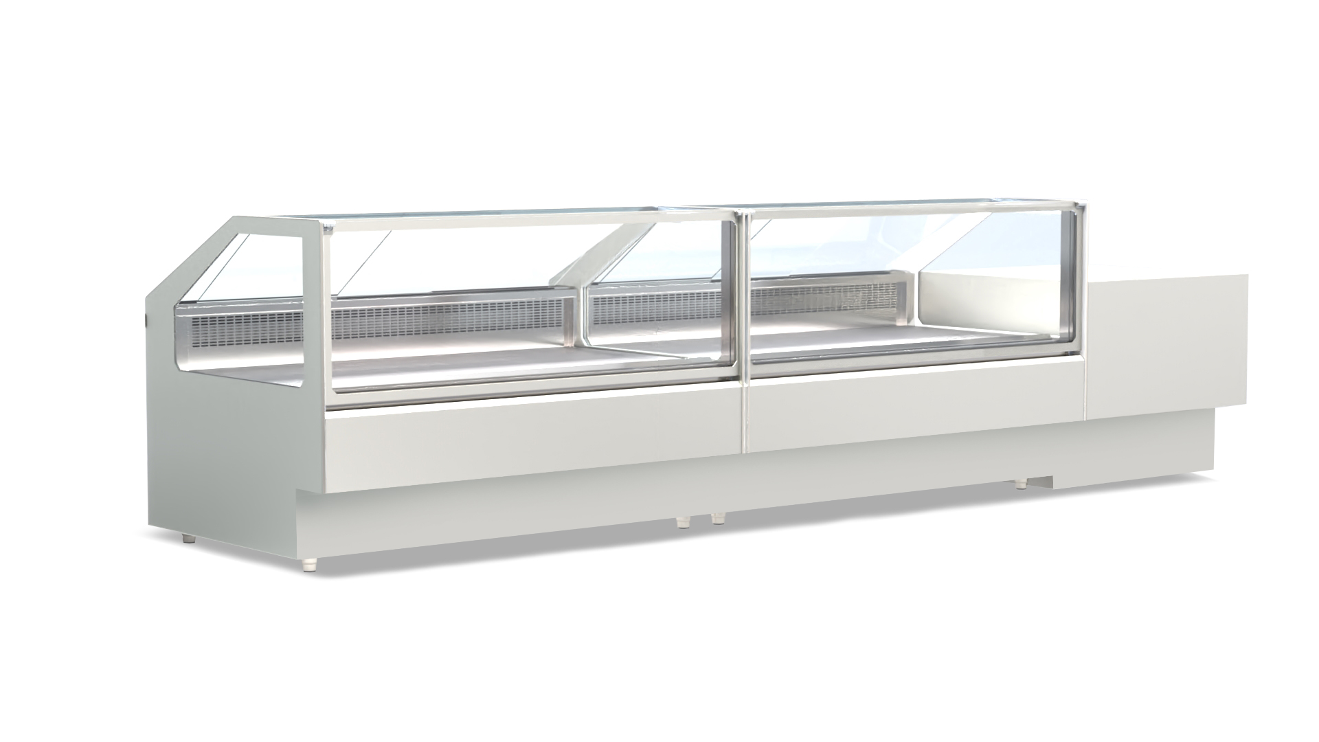 Fleischvitrine Stretta Corner 220+220x120x120 mit Flachglas in einem Gastronomiebetrieb