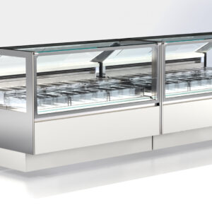 Gekühlte Konditoreivitrine „Total View“ 125x117x125 mit Luftzirkulation und LED-Beleuchtung