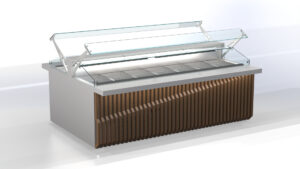 Wandbeheizte Edelstahl-Warmhaltevitrine mit Dekoration und Platz für 6 GN 1/1