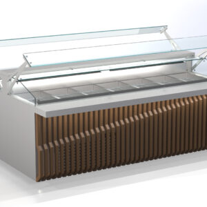 Wandbeheizte Edelstahl-Warmhaltevitrine mit Dekoration und Platz für 6 GN 1/1