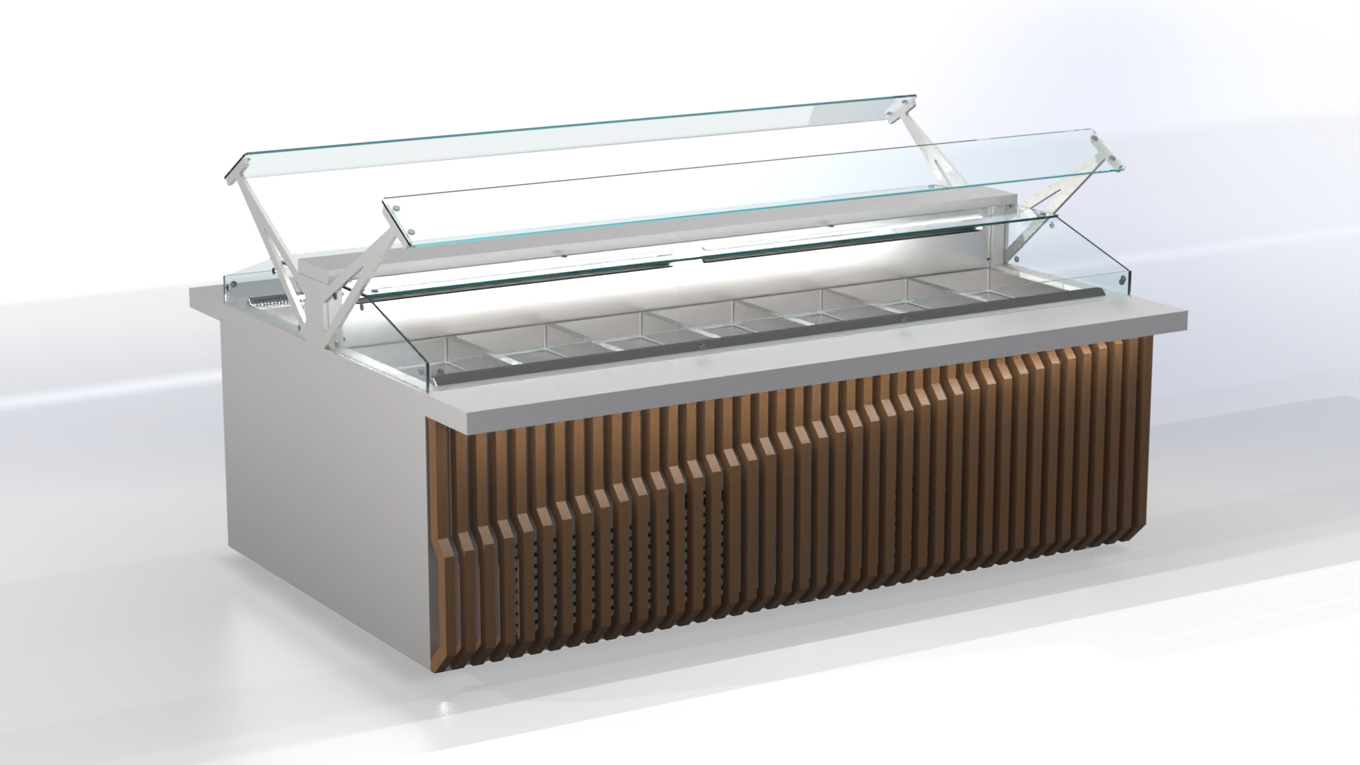 Wandbeheizte Edelstahl-Warmhaltevitrine mit Dekoration und Platz für 6 GN 1/1