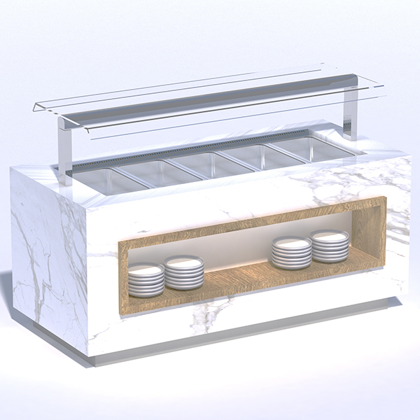 Beheizte Selbstbedienungs-Warmhaltevitrine Albergo mit Corian- und Holzoberfläche
