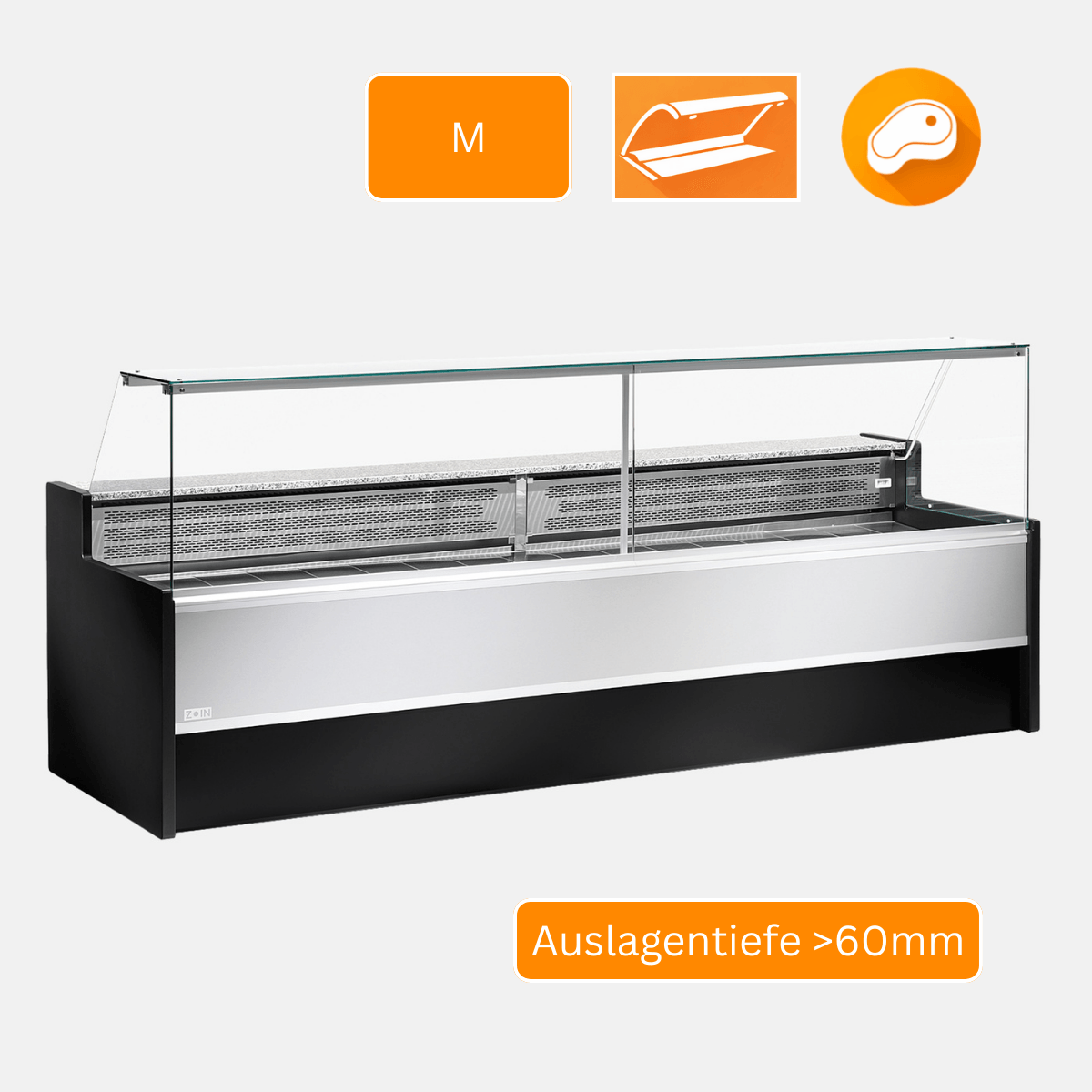 MESETAS Fleisch- und Feinkosttheke mit Edelstahl-Auslage Frontansicht