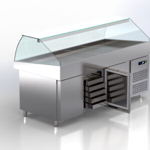 Kühlvitrine für frischen Fisch mit abgesenktem Kompressor und Staufach