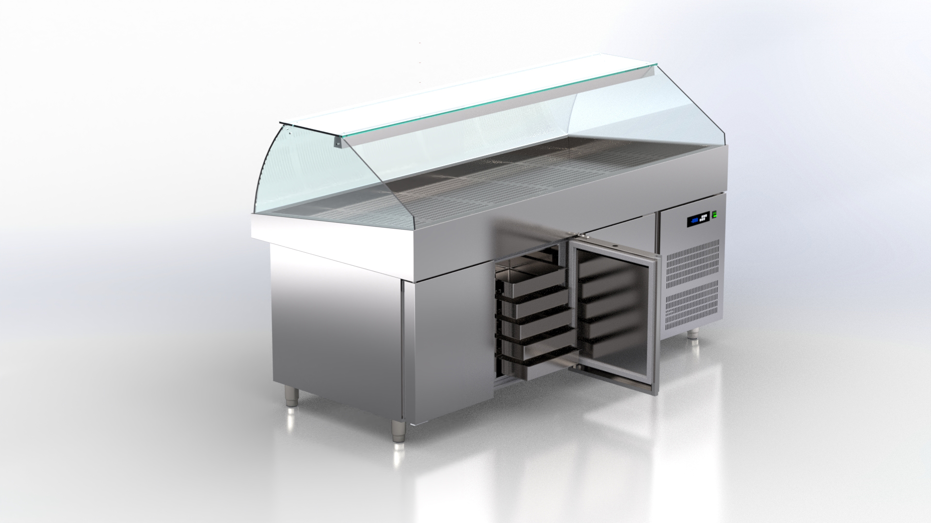 Kühlvitrine für frischen Fisch mit abgesenktem Kompressor und Staufach