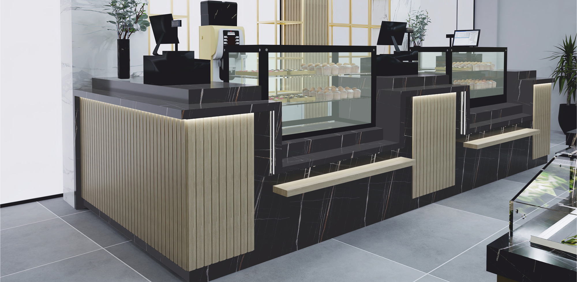 Beheizte modulare Vitrine 200x70x130 mit LED-Beleuchtung und Glasböden