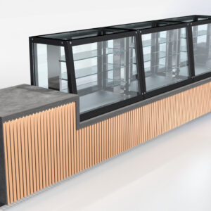 Beheizte modulare geneigte Vitrine mit drei Glasböden und LED-Beleuchtung