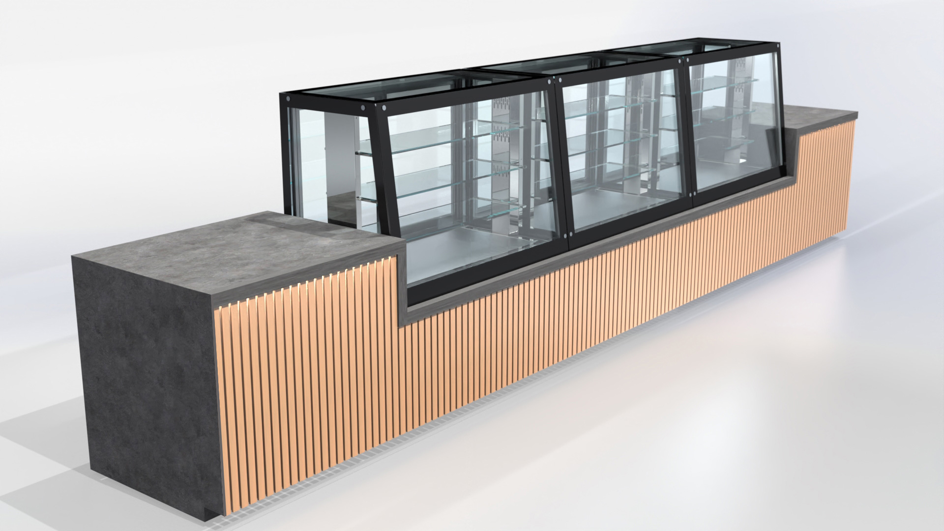 Beheizte modulare geneigte Vitrine mit drei Glasböden und LED-Beleuchtung