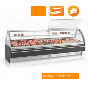 PTM Barcelona L Fleischtheke rund mit gebogener Frontverglasung, modulare Plug-In-Kühltheke aus Edelstahl, mit oder ohne Unterbaukühlung
