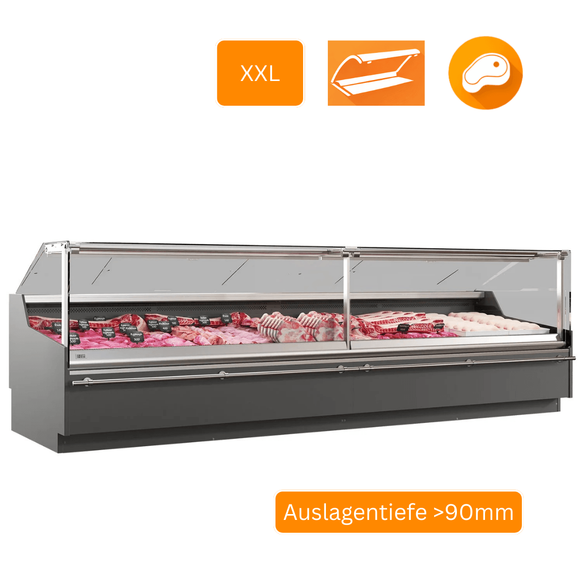 PTM Butcher XXL Torrero Fleischtheke mit gerader Verglasung und Edelstahl Innenraum