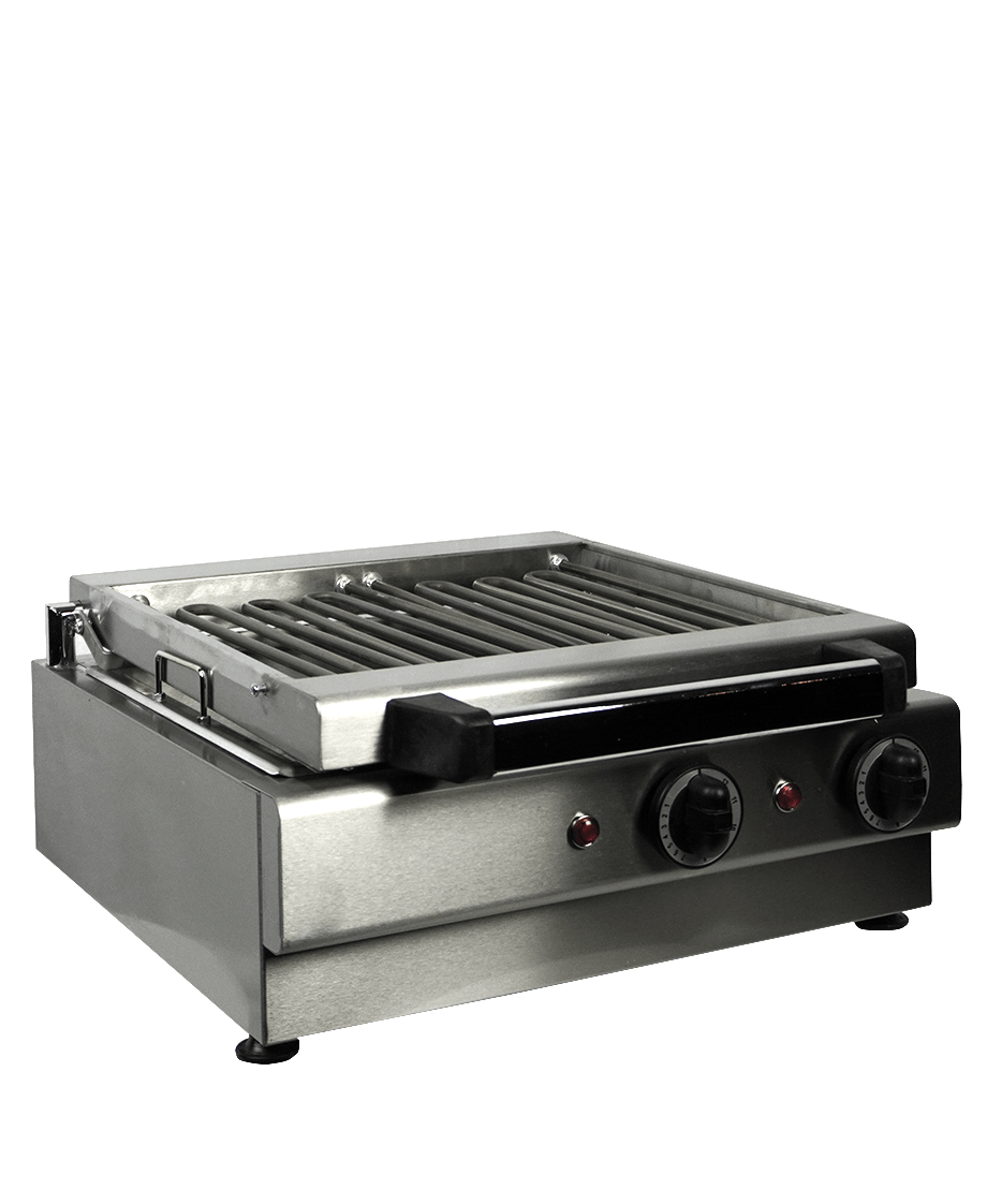 400 V und 410 x 340 mm Grillplatte. Kompaktes Tischgerät für die Gastronomie.
