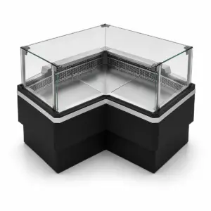 Kühltheken-Eckelement – Gekühltes 90°-Eckelement (zum Kunden hin, scharfkantig) mit Umluftkühlung ohne gekühlten Unterbau – 1.440 mm
