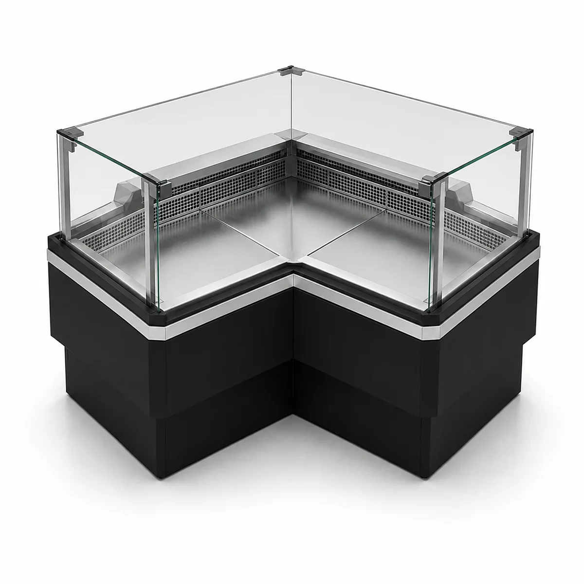 Kühltheken-Eckelement – Gekühltes 90°-Eckelement (zum Kunden hin, scharfkantig) mit Umluftkühlung ohne gekühlten Unterbau – 1.440 mm