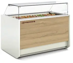 Kühltheke – Bedientheke mit Umluftkühlung, mittlerem Glasaufbau und GN-Behältern – 1.505 bis 1.985 mm