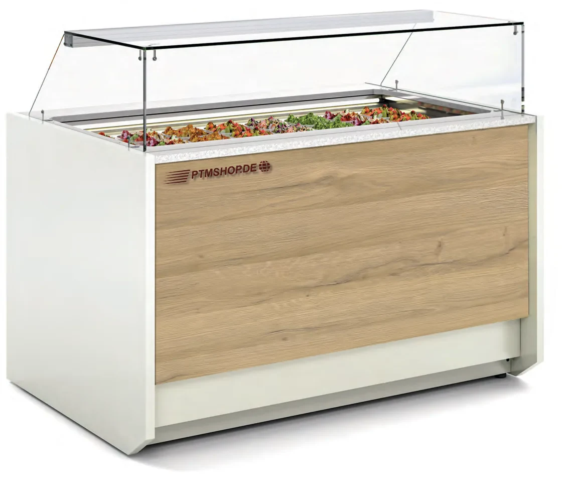 Kühltheke – Bedientheke mit Umluftkühlung, mittlerem Glasaufbau und GN-Behältern – 1.505 bis 1.985 mm
