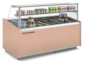 Kühltheke – Bedientheke mit Umluftkühlung, hohem Glasaufbau, Glaszwischenboden, Aluminiumstützen und gekühltem Unterbau – 1.025 bis 1.985 mm