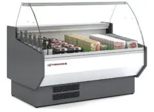 Bedientheke mit Umluftkühlung, gebogener Frontscheibe und weißer RAL-9003-Warenauslage – 1.025 bis 2.945 mm