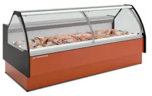 Kühltheke – Bedientheke für externes Kälteaggregat mit Umluftkühlung und gebogener Frontscheibe – 1.250 bis 3.750 mm