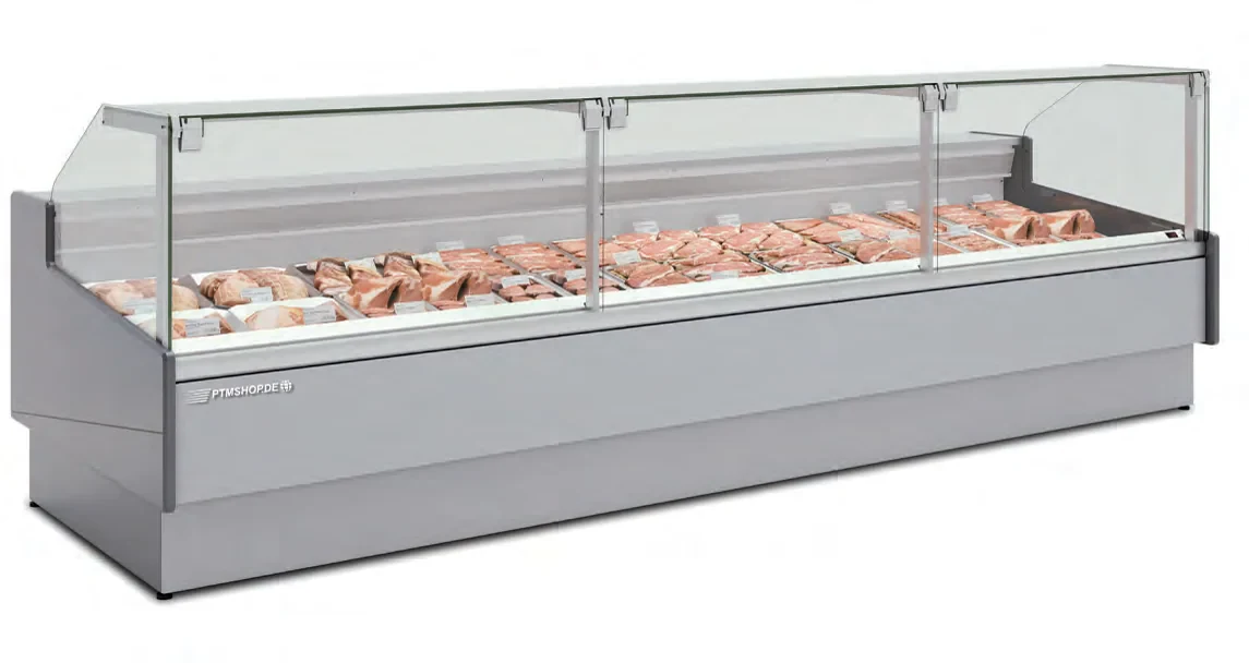 Kühltheke – Bedientheke für externes Kälteaggregat mit Umluftkühlung und zweiteilig gerader Frontscheibe – 1.250 bis 3.750 mm