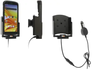 Brodit 712348 aktive Halterung mit Ladekabel und Anwendungsbeispiel am Zebra TC27