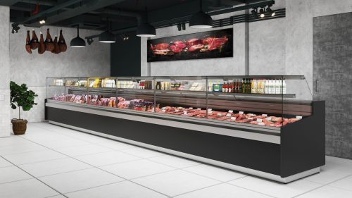 Lange Feinkosttheke mit schwarzer Front in modernem Verkaufsraum
