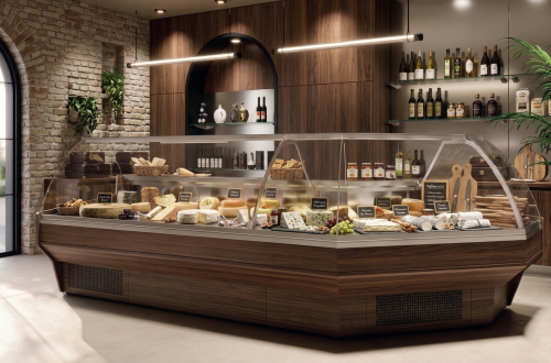 Käsetheke in Holzoptik mit gebogener Glasfront