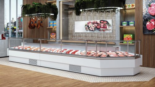 Weiße Kühltheke mit Glasfront für Fleisch und Feinkost